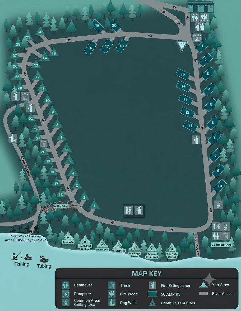 South River Farms campground map showing tent sites, RV sites, yurts and amenities